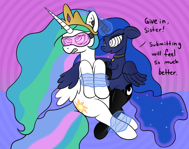 Size: 2277x1800 | Tagged: questionable, artist:mark_ml, princess celestia, princess luna, alicorn, pony, ahegao, bdsm, blushing, bound, bound arms, bound legs, chest fluff, clothes, collar, crown, dialogue, domination, duo, duo female, ear plugs, evening gloves, female, floppy ears, gloves, grin, heart eyes, hugging a pony, hypno eyes, hypnogear, hypnosis, hypnotized, image, jewelry, latex, latex gloves, latex stockings, long gloves, looking at someone, looking away, looking up, magic, mare, open mouth, png, purple background, regalia, simple background, smiling, spiral background, stockings, submissive, thigh highs, wingding eyes