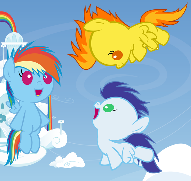 Size: 4200x4000 | Tagged: safe, artist:beavernator, derpibooru import, rainbow dash, soarin', spitfire, pegasus, pony, baby, baby dash, baby pony, beavernator is trying to murder us, cloudsdale, colt, cute, cutefire, dashabetes, female, filly, flying, foal, image, male, open mouth, open smile, png, smiling, soarinbetes, spread wings, trio, wings, younger