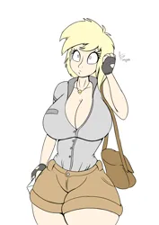 Size: 2894x4093 | Tagged: safe, artist:aerodoggy, derpibooru import, derpy hooves, human, bag, big breasts, breasts, busty derpy hooves, cleavage, clothes, eyelashes, female, fingerless gloves, gloves, huge breasts, humanized, image, jpeg, mailbag, shorts, simple background, solo, white background, wide eyes