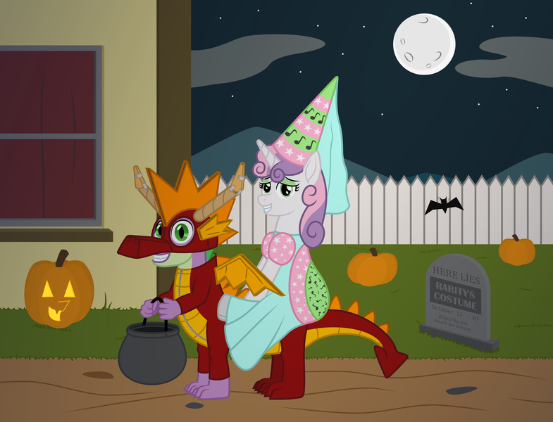 Size: 7077x5410 | Tagged: safe, artist:moonlight bloom, derpibooru import, spike, sweetie belle, dragon, pony, unicorn, mlp fim's twelfth anniversary, .svg available, absurd resolution, clothes, cloud, costume, decoration, dragon costume, dragons riding ponies, dress, female, fence, filly, foal, full moon, gravestone, halloween, hat, hennin, holiday, house, image, implied rarity, jack-o-lantern, lidded eyes, looking at you, male, moon, mountain, night, nightmare night, nightmare night costume, older, older spike, older sweetie belle, outdoors, png, ponies riding dragons, princess costume, pumpkin, quadsuit, riding, smiling, tape, teenage spike, teenage sweetie belle, teenager, vector, window