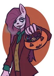 Size: 2039x2893 | Tagged: safe, artist:meliciamelano, derpibooru import, pinkie pie, anthro, plantigrade anthro, candy, cigarette, clothes, costume, food, halloween, halloween costume, high res, holiday, image, joker (2019), looking at you, makeup, pinkamena diane pie, png, pumpkin, simple background, trick or treat