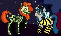 Size: 2045x1195 | Tagged: safe, artist:/d/non, derpibooru import, stygian, sunburst, bee, insect, unicorn, mlp fim's twelfth anniversary, blue hair, bone, bumblebee, bumblebee costume, clothes, costume, gay, grey fur, image, male, nightmare night, nightmare night costume, orange hair, png, scared, shipping, skeleton, skeleton costume, startled, styburst