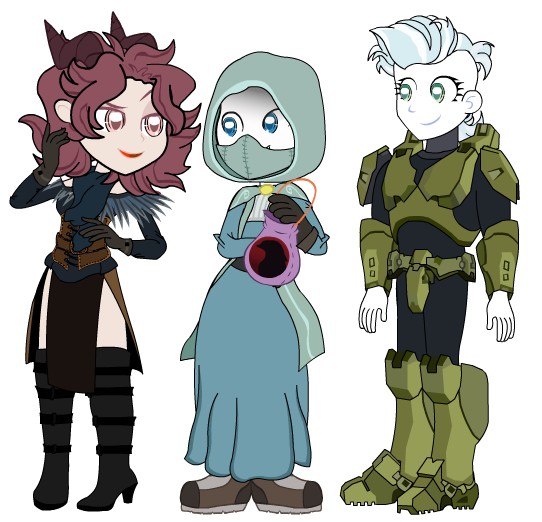Size: 542x522 | Tagged: safe, artist:darktailsko, derpibooru import, oc, oc:devulsa, oc:sunrise skies, oc:trinitty, unofficial characters only, human, armor, bag, bandana, belt, boots, cloak, clothes, dungeons and dragons, ear piercing, earring, evening gloves, fantasy class, female, gloves, halo (series), high heel boots, hood, horn, horned humanization, humanized, humanized oc, image, jewelry, long gloves, mask, nonbinary, pen and paper rpg, piercing, png, rogue, rpg, shoes, simple background, skirt, the witcher, transparent background, trio, yennifer