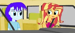Size: 1600x706 | Tagged: safe, artist:thomaszoey3000, derpibooru import, sunset shimmer, oc, oc:blue ink, human, equestria girls, clothes, dress, geode of empathy, image, jeep, magical geodes, png, seatbelt