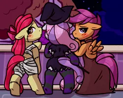 Size: 2500x2000 | Tagged: suggestive, artist:faerienougat, derpibooru import, apple bloom, scootaloo, sweetie belle, earth pony, pegasus, pony, undead, unicorn, vampire, butt, clothes, costume, embarrassed, female, females only, filly, floppy ears, foal, foalcon, halloween, halloween costume, holiday, image, looking at you, looking back, looking back at you, mummy, mummy costume, nervous, plot, png, presenting, rear view, underage, vampire costume, witch, witch costume