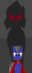 Size: 2213x5000 | Tagged: safe, derpibooru import, oc, oc:stolas, unofficial characters only, demon, demon pony, earth pony, original species, pony, cloak, clothes, coat markings, disguise, glow, glowing eyes, grey hair, image, jpeg, red eyes, shadow, sinister, solo