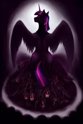 Size: 1024x1536 | Tagged: semi-grimdark, derpibooru import, editor:caligari87, machine learning assisted, machine learning generated, purplesmart.ai, stable diffusion, twilight sparkle, twilight sparkle (alicorn), alicorn, bone, cover art, evil twilight, facing away, flesh, hips, image, png, silhouette, skull, solo, spread wings, vignette, wings