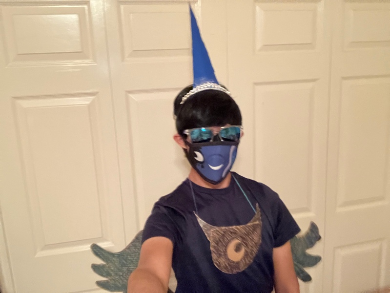 Size: 3088x2320 | Tagged: safe, derpibooru import, princess luna, alicorn, human, cardboard wings, clothes, cosplay, costume, cutie mark, diy, face mask, fake wings, g4, image, irl, irl human, jewelry, jpeg, marker drawing, mask, nightmare night, photo, rule 63, solo, string, tape, tiara, traditional art