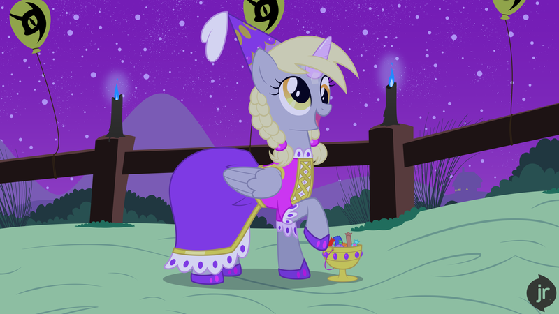 Size: 1920x1080 | Tagged: safe, artist:niggerfaggot, derpibooru import, derpy hooves, pegasus, alternate hairstyle, bag, balloon, braid, braided pigtails, candle, candy, candy bag, clothes, costume, derp, dress, fake horn, food, image, night, nightmare night, pigtails, png, pose, princess costume, smiling