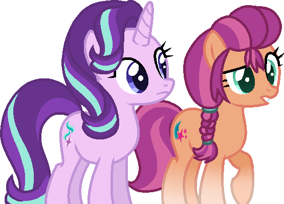 Size: 555x398 | Tagged: safe, artist:tanahgrogot, derpibooru import, starlight glimmer, sunny starscout, earth pony, pony, unicorn, base used, duo, duo female, female, g4, g5, g5 to g4, generation leap, gritted teeth, image, mare, medibang paint, png, simple background, teeth, transparent background