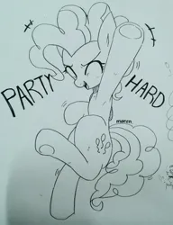 Size: 998x1298 | Tagged: safe, artist:maren, derpibooru import, pinkie pie, earth pony, pony, bipedal, dancing, dialogue, eyes closed, female, image, jpeg, mare, open mouth, party hard, solo, traditional art