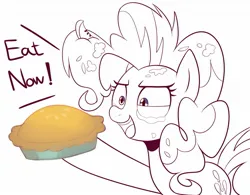 Size: 1705x1331 | Tagged: safe, artist:maren, derpibooru import, pinkie pie, earth pony, pony, secrets and pies, dialogue, eat my pie, eye twitch, female, food, hoof hold, image, jpeg, mare, messy mane, partial color, pie, piercing, solo