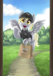 Size: 2480x3508 | Tagged: safe, artist:taytinabelle, derpibooru import, derpy hooves, pegasus, pony, clothes, female, flying, grass, grass field, happy, hat, hoof hold, image, looking at you, mare, open mouth, png, polo shirt, raised hoof, smiling, solo, spread wings, uniform, wings