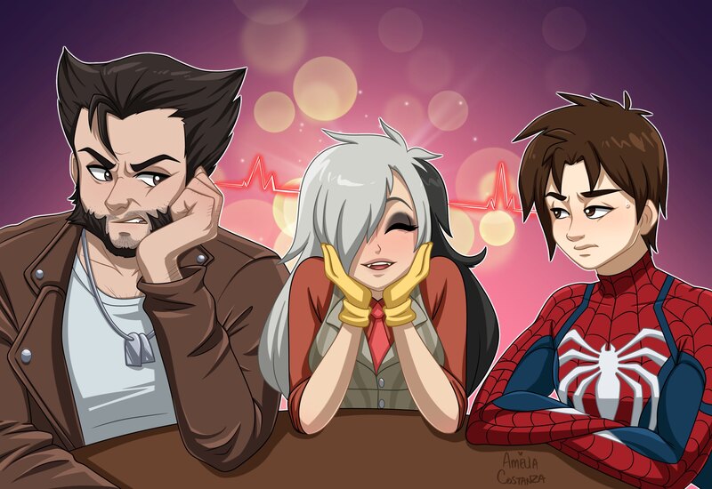 Size: 3636x2500 | Tagged: safe, artist:ameliacostanza, derpibooru import, discord, crossover, eris, image, jpeg, logan, marvel, peter parker, rule 63, spider-man, ultimate spiders and magic, wolverine