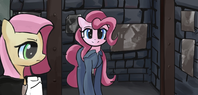 Size: 2085x1000 | Tagged: safe, artist:solid shrimp, derpibooru import, fluttershy, pinkie pie, earth pony, pegasus, cell, clothes, image, jpeg, jumpsuit, silence of the lambs