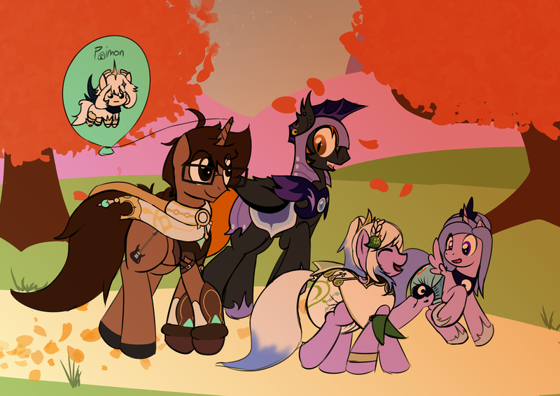 Size: 9200x6512 | Tagged: safe, artist:nerdymexicanunicorn, derpibooru import, oc, oc:kunzite, oc:liatris blossomheart, oc:lightning blaze, oc:nerdy, unofficial characters only, alicorn, bat pony, unicorn, aether (genshin impact), alicorn oc, armor, autism creature, autumn, balloon, bat pony oc, bat wings, clothes, cosplay, costume, diaper, genshin impact, glasses, halloween, holiday, horn, image, nahida (genshin impact), night guard armor, nightmare night, nightmare night costume, png, tbh creature, unicorn oc, when you see it, wings