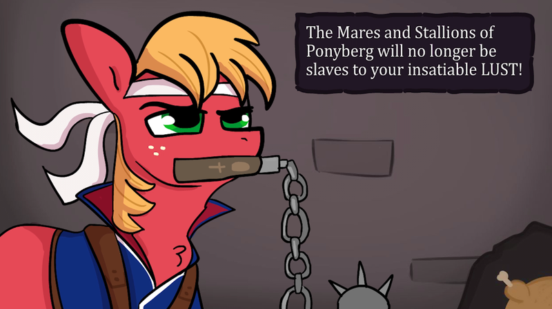 Size: 1166x654 | Tagged: safe, artist:tjpones, derpibooru import, big macintosh, earth pony, pony, castlevania, chicken meat, food, fried chicken, halloween, headband, holiday, image, implied flutterbat, male, meat, mouth hold, png, richter belmont, solo, stallion, text box, vampire killer, wall chicken, weapon, whip