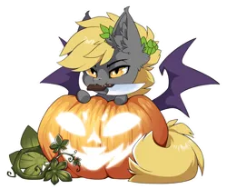 Size: 1500x1246 | Tagged: safe, alternate version, artist:arctic-fox, derpibooru import, part of a set, oc, unofficial characters only, bat pony, pony, alternate character, bat pony oc, bat wings, commission, image, mouth hold, png, pumpkin, solo, wings, ych result