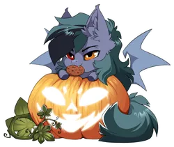 Size: 1500x1267 | Tagged: safe, alternate version, artist:arctic-fox, derpibooru import, part of a set, oc, unofficial characters only, bat pony, pony, alternate character, commission, image, mouth hold, png, pumpkin, solo, ych result