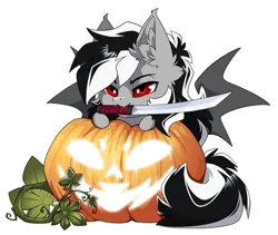 Size: 1500x1265 | Tagged: safe, alternate version, artist:arctic-fox, derpibooru import, part of a set, oc, unofficial characters only, bat pony, pony, alternate character, commission, image, mouth hold, png, pumpkin, solo, ych result