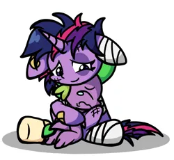 Size: 1420x1307 | Tagged: safe, artist:derp pone, derpibooru import, spike, twilight sparkle, twilight sparkle (alicorn), alicorn, dragon, pony, bandage, black eye, crying, duo, duo male and female, female, hug, image, injured, male, messy mane, png, simple background, sitting, smiling, white background