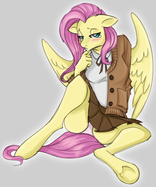 Size: 525x628 | Tagged: suggestive, artist:mechanakal, derpibooru import, fluttershy, anthro, pony, unguligrade anthro, bedroom eyes, blushing, cardigan, clothes, crying, derpibooru exclusive, female, floppy ears, gray background, image, looking at you, mare, panties, pink panties, png, ribbon, shy, simple background, skirt, solo, solo female, underhoof, underwear, upskirt, wings