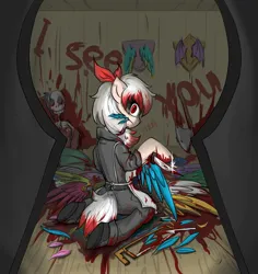Size: 1815x1920 | Tagged: semi-grimdark, artist:chen_ying, derpibooru import, oc, oc:cunbenmapleleaf, pony, apron, axe, bat wings, blood, blood splatter, bone, clothes, dismemberment, feather, hacksaw, hoof hold, image, jpeg, keyhole, knife, looking at you, looking back, looking back at you, red eyes, scalpel, shoes, skeleton, text, weapon, wings