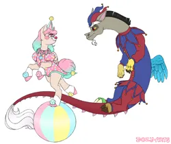 Size: 2200x1846 | Tagged: safe, artist:dozyarts, derpibooru import, discord, oc, oc:dozy, draconequus, ball, clothes, clown outfit, costume, female, hat, image, jester hat, nightmare night costume, png