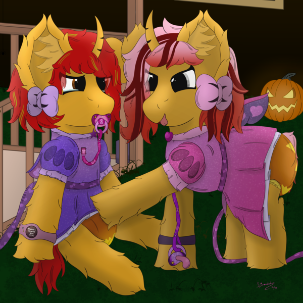 Size: 4000x4000 | Tagged: questionable, artist:spiroudada, derpibooru import, oc, oc:dolly hooves, oc:knight hollows, unofficial characters only, pony, unicorn, adult foal, bow, clothes, costume, crossdressing, crying, diaper, diaper fetish, dress, duo, fairy costume, fairy wings, fetish, halloween, halloween costume, holiday, image, leash, pacifier, png, pumpkin, wings