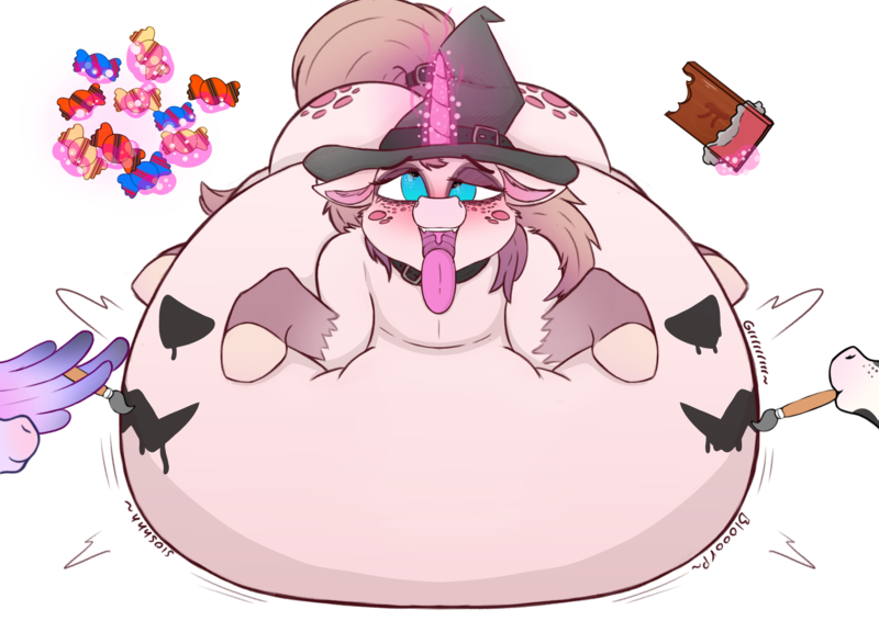 Size: 4960x3508 | Tagged: questionable, artist:cinnamon-tinna-twist, derpibooru import, oc, oc:cinnamon twist (cinnamon-tinna-twist), unofficial characters only, pony, unicorn, absurd resolution, ahegao, belly, belly bed, belly expansion, big belly, bodypaint, candy, chocolate, choker, clothes, coat markings, collar, colored hooves, costume, fat, female, floating, floppy ears, food, glow, glowing horn, growth, halloween, halloween 2022, halloween costume, hat, holiday, horn, huge belly, image, impossibly large belly, jack-o-lantern, lidded eyes, magic, magic aura, mouth hold, open mouth, paintbrush, pi, png, pumpkin, simple background, socks (coat marking), solo focus, squishy, stomach noise, stuffed belly, telekinesis, tongue out, trio, unicorn oc, uvula, white background, wing hold, wings, witch hat