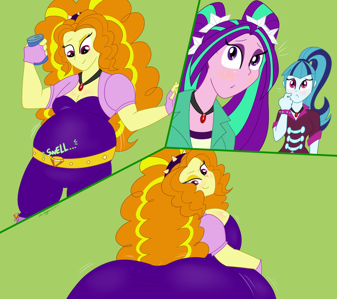 Size: 1800x1596 | Tagged: suggestive, artist:necrofeline, derpibooru import, adagio dazzle, aria blaze, sonata dusk, series:soda of swelling, equestria girls, belly, belly expansion, bloating, bracelet, breast expansion, breasts, butt expansion, clothes, disguise, disguised siren, drink, female, fingerless gloves, gloves, green background, growth, holding, image, inflating, inflation, inflation sequence, jewelry, necklace, pendant, pigtails, png, ponytail, sequence, simple background, smiling, soda, soda can, swelling, the dazzlings, this will end in balloons, trio, trio female, twintails, worried