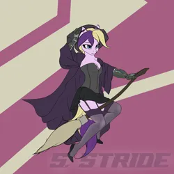 Size: 4030x4030 | Tagged: suggestive, artist:shade stride, derpibooru import, oc, oc:heluva breeze, anthro, pegasus, broom, cape, clothes, corset, costume, cybernetic arm, flying, flying broomstick, halloween, halloween costume, hat, high heels, holiday, image, png, riding, shoes, skirt, socks, solo, stockings, thigh highs, witch, witch hat