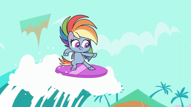 Size: 1192x670 | Tagged: safe, derpibooru import, screencap, rainbow dash, pegasus, pony, my little pony: pony life, the great divide, spoiler:pony life s01e25, bipedal, female, image, jpeg, mare, potion ocean, solo, surfboard, surfing