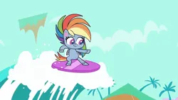 Size: 1192x670 | Tagged: safe, derpibooru import, screencap, rainbow dash, pegasus, pony, my little pony: pony life, the great divide, spoiler:pony life s01e25, bipedal, female, image, jpeg, mare, potion ocean, solo, surfboard, surfing