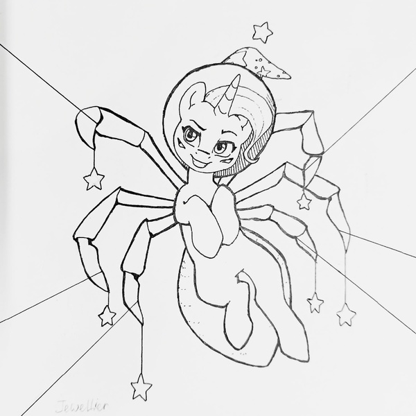 Size: 1600x1600 | Tagged: safe, artist:jewellier, derpibooru import, trixie, monster pony, original species, pony, spiderpony, unicorn, black and white, female, grayscale, halloween, holiday, image, jpeg, lineart, mare, monochrome, multiple limbs, solo, solo female, stars, tangible heavenly object, traditional art