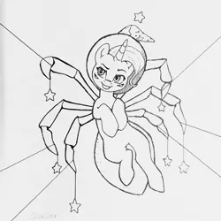 Size: 1600x1600 | Tagged: safe, artist:jewellier, derpibooru import, trixie, monster pony, original species, pony, spiderpony, unicorn, black and white, female, grayscale, halloween, holiday, image, jpeg, lineart, mare, monochrome, multiple limbs, solo, solo female, stars, tangible heavenly object, traditional art
