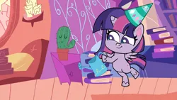 Size: 1192x670 | Tagged: safe, derpibooru import, screencap, twilight sparkle, twilight sparkle (alicorn), alicorn, pony, my little pony: pony life, bipedal, cactus, don't look a .gif horse in the mouth, female, golden oaks library, hat, image, jpeg, library, mare, open mouth, party hat, solo, watering can