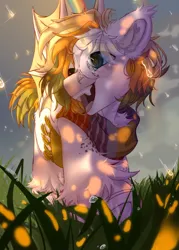 Size: 2500x3500 | Tagged: safe, artist:medkit, derpibooru import, oc, unofficial characters only, bat pony, pony, bat wings, big eyes, clothes, cloud, cloudy, double rainbow, drop, eyes open, fangs, grass, grass field, heterochromia, high res, image, male, paint tool sai 2, png, rain, rainbow, running, scarf, shadow, sketch, smiling, solo, spread wings, stallion, stormcloud, sunlight, wings