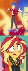 Size: 1187x2952 | Tagged: safe, derpibooru import, edit, edited screencap, screencap, flash sentry, sunset shimmer, cheer you on, equestria girls, equestria girls series, forgotten friendship, spoiler:eqg series (season 2), blushing, clothes, female, flashimmer, geode of empathy, image, magical geodes, male, open clothes, open shirt, png, shipping, shipping domino, straight