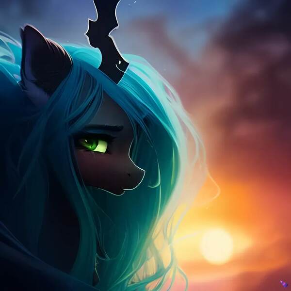 Size: 1024x1024 | Tagged: safe, derpibooru import, machine learning generated, purplesmart.ai, stable diffusion, queen chrysalis, cute, ear fluff, eyebrows, eyelashes, image, jpeg, looking at you, messy mane, profile, sexy, sunrise