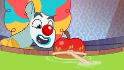 Size: 3072x1727 | Tagged: safe, derpibooru import, screencap, earth pony, pony, my little pony: tell your tale, spoiler:g5, spoiler:my little pony: tell your tale, spoiler:tyts01e30, apple, clown, clown makeup, clown nose, food, g5, high res, image, jpeg, male, nightmare night party, open mouth, open smile, red nose, rufus (g5), smiling, solo, stallion, youtube link