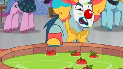 Size: 3072x1727 | Tagged: safe, derpibooru import, screencap, unnamed character, earth pony, pony, my little pony: tell your tale, spoiler:g5, spoiler:my little pony: tell your tale, spoiler:tyts01e30, apple, clown, clown makeup, clown nose, female, food, g5, high res, image, jpeg, male, mare, nightmare night party, open mouth, red nose, rufus (g5), solo focus, stallion, youtube link
