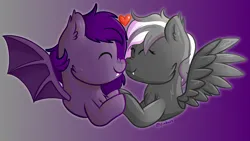 Size: 3840x2160 | Tagged: safe, artist:exobass, derpibooru import, oc, oc:lili, oc:midnight purple, bat pony, hybrid, pony, ^^, bat pony oc, bat wings, cheek fluff, chest fluff, commission, couple, ear fluff, eyes closed, facial markings, fangs, female, halfbody, holding hooves, image, male, mare, nuzzling, pegabat, png, simple background, stallion, wings, ych result