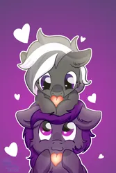 Size: 2000x3000 | Tagged: safe, artist:exobass, derpibooru import, oc, oc:lili, oc:midnight purple, bat pony, hybrid, bat pony oc, bat wings, cheek fluff, chest fluff, commission, couple, ear fluff, facial markings, heart, holding, image, looking at each other, looking at someone, on top, pegabat, png, simple background, wings, ych result