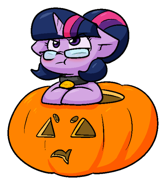 Size: 556x621 | Tagged: safe, artist:zutcha, derpibooru import, sci-twi, twilight sparkle, ponified, pony, unicorn, :t, blushing, collar, cute, equestria girls ponified, female, glasses, halloween, holiday, image, jack-o-lantern, looking up, mare, outline, pet tag, png, pumpkin, sci-twi is not amused, simple background, solo, transparent background, twiabetes, unamused, unicorn sci-twi