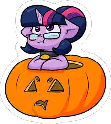 Size: 556x621 | Tagged: safe, artist:zutcha, derpibooru import, sci-twi, twilight sparkle, ponified, pony, unicorn, :t, blushing, collar, cute, equestria girls ponified, female, glasses, halloween, holiday, image, jack-o-lantern, looking up, mare, outline, pet tag, png, pumpkin, sci-twi is not amused, simple background, solo, transparent background, twiabetes, unamused, unicorn sci-twi