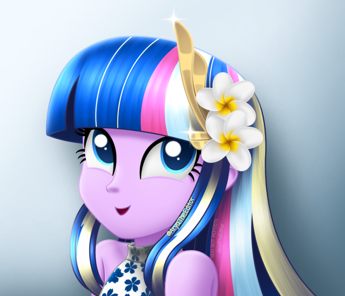Size: 1400x1200 | Tagged: safe, artist:aryatheeditor, derpibooru import, oc, oc:nightfall sparkle, equestria girls, adorable face, bare shoulders, beautiful, clothes, cute, daughter, digital art, dress, excited, female, flower, flower in hair, hairclip, image, outfit, png, sleeveless, sleeveless dress, sleeveless turtleneck, smiling