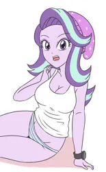 Size: 2192x3543 | Tagged: safe, artist:sumin6301, derpibooru import, starlight glimmer, human, equestria girls, beanie, breasts, busty starlight glimmer, clothes, female, hat, high res, image, jpeg, lipstick, looking at you, open mouth, panties, sitting, solo, tanktop, underwear, watch, wristwatch