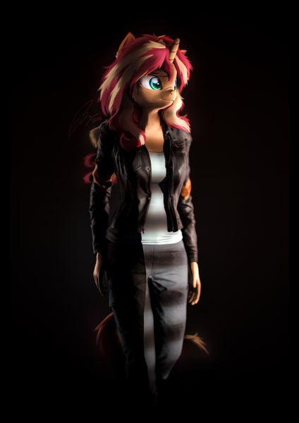 Size: 4000x5656 | Tagged: safe, artist:imafutureguitarhero, derpibooru import, sunset shimmer, anthro, classical unicorn, pony, unicorn, 3d, absurd resolution, border, cheek fluff, chest freckles, chromatic aberration, clothes, cloven hooves, colored eyebrows, colored eyelashes, denim, ear fluff, ear freckles, female, film grain, fluffy, fluffy mane, fluffy tail, freckles, fur, horn, image, jacket, jeans, jpeg, leather, leather jacket, leonine tail, mare, multicolored hair, multicolored mane, multicolored tail, neck fluff, nose wrinkle, paintover, pants, peppered bacon, revamped anthros, revamped ponies, shirt, signature, smiling, solo, source filmmaker, tail, unshorn fetlocks