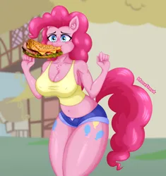 Size: 1800x1916 | Tagged: suggestive, artist:morestar, derpibooru import, pinkie pie, anthro, magic duel, breasts, busty pinkie pie, chest fluff, cleavage, ear fluff, food, image, implied penis, png, sandwich, subway
